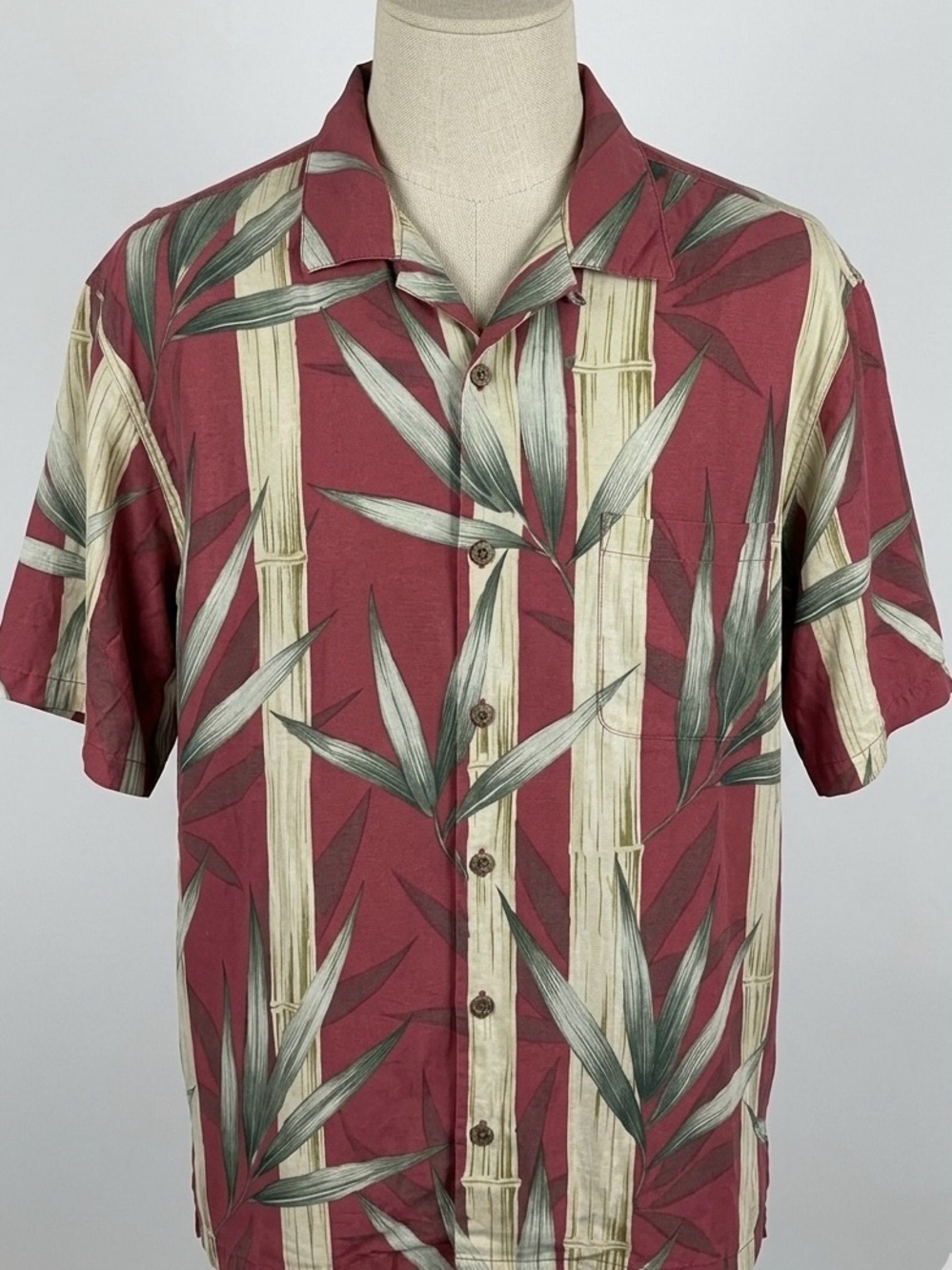 Tommy Bahama XL Red Silk Hawaiian Aloha Shirt Bamboo Leaf Tropical